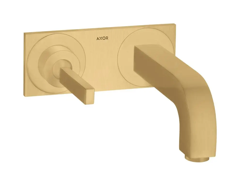 Wandmontierter Einhebel-Waschtischmischer von AXOR in Brushed Gold Optic mit einem horizontalen Auslauf und einem Hebelgriff zur Bedienung.